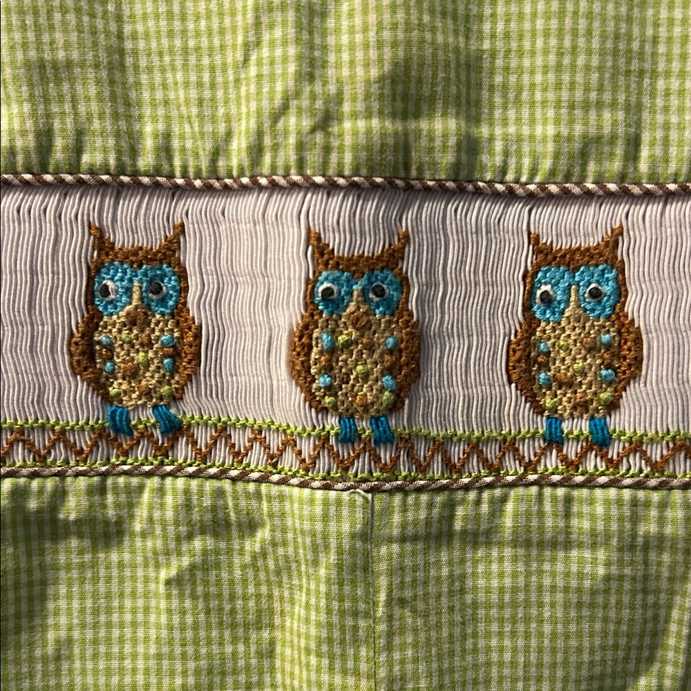 Candyland Green Gingham Smocked Owls John John - Picture 3 of 6